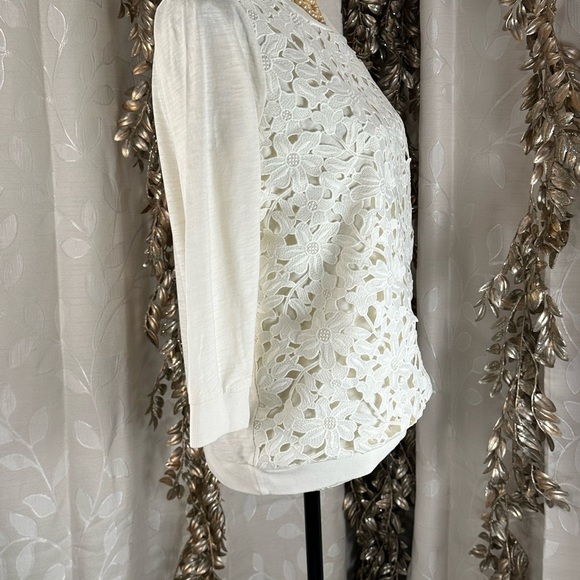 Loft Women’s Medium Ivory Lace Crochet Front 3/4 Sleeve Pullover Top Boho Casual - Picture 3 of 9